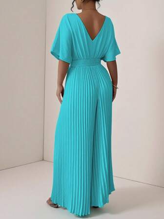 Vesra Enfärgad V-ringad Bat Wing Sleeve Plisserad Elegant Jumpsuit för kvinnor