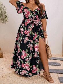 SHEIN VCAY 大码浪漫花卉印花裹领长裙