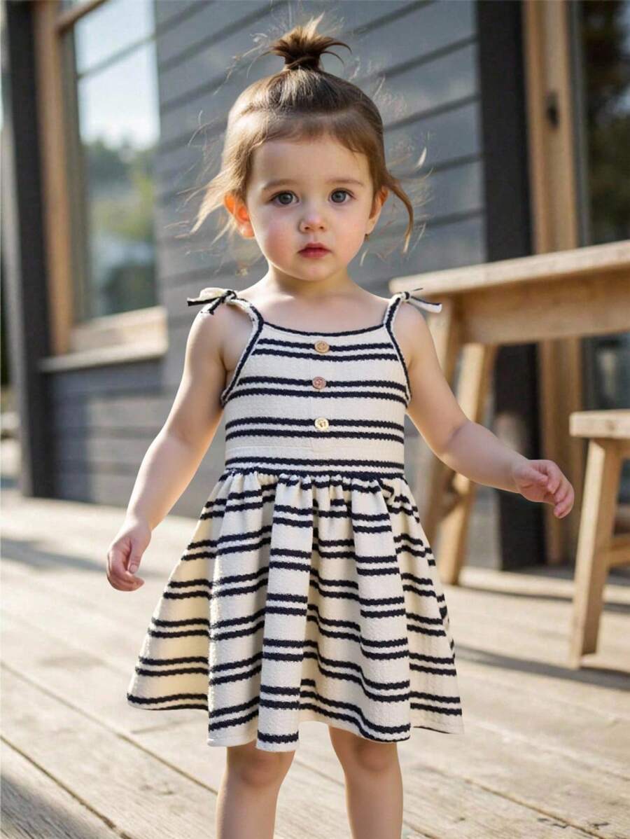 Baby Girl Cute Summer Casual White Bowknot Striped Soft Knit Sleeveless Overall Dress - Black and White - View 1