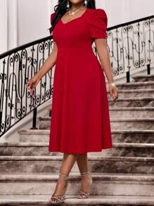 SHEIN Lady Spring And Summer Elegant Commuting Office Party Wedding Cocktail Party Concert/Music Festival Red Knitted Sweetheart Flared Leg-Of-Mutton Sleeve Midi Short Sleeve Plus Size Dresses Birthday&Event Dresses Wedding Dresses Holiday Dresses Summer Outfits For Women Summer Dresses For Women Wedding Guest Dress Women Birthday Outfits For Women Birthday Outfit Women Festival Outfits For Women Concert Outfit Women Cruise Outfits Women Valentine's Day Outfit - Red - View 5