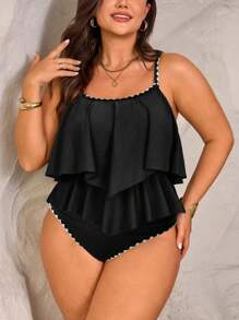 Swim Lushoire 2 件加大码女式绿色吊带背心荷叶边上衣和高腰荷叶边下摆裤子套装，夏季海滩度假装