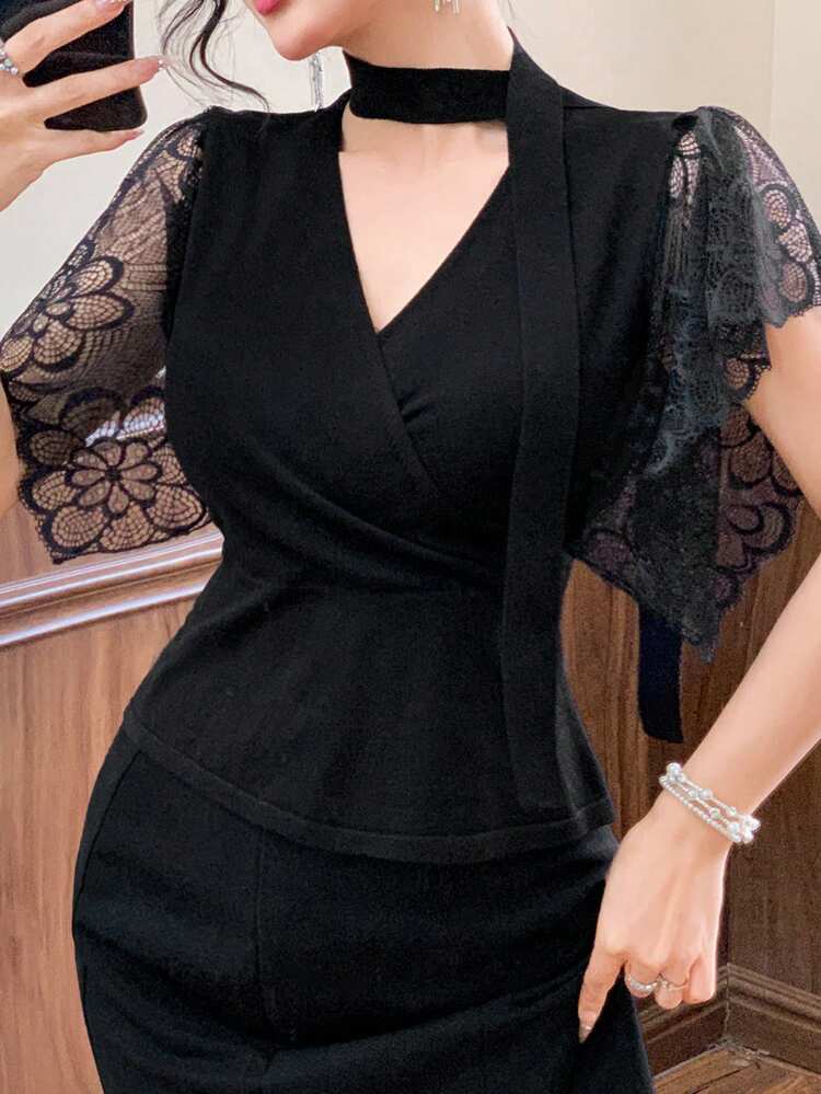 1pc Women Solid Color Slim Fit Contrast Lace Ruffle Sleeve Neck Tie Elegant Summer Knit Top