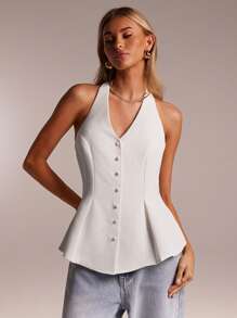 Avantive New Summer Halter Neck Sleeveless A-Line Women Top - White - View 1