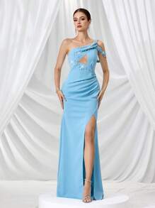 Coutiva Vestido de noche elegante de mujer con cuello asimétrico con cuentas, recorte hueco y abertura alta, vestido formal para fiestas y eventos, apto para invitada de boda - Azul - Ver 7