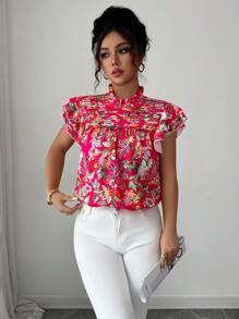 Elenzga Women's New Vibrant Floral Print Cap Sleeve Blouse Top (Floral Pattern Random Cut), Summer - Multicolor - View 1
