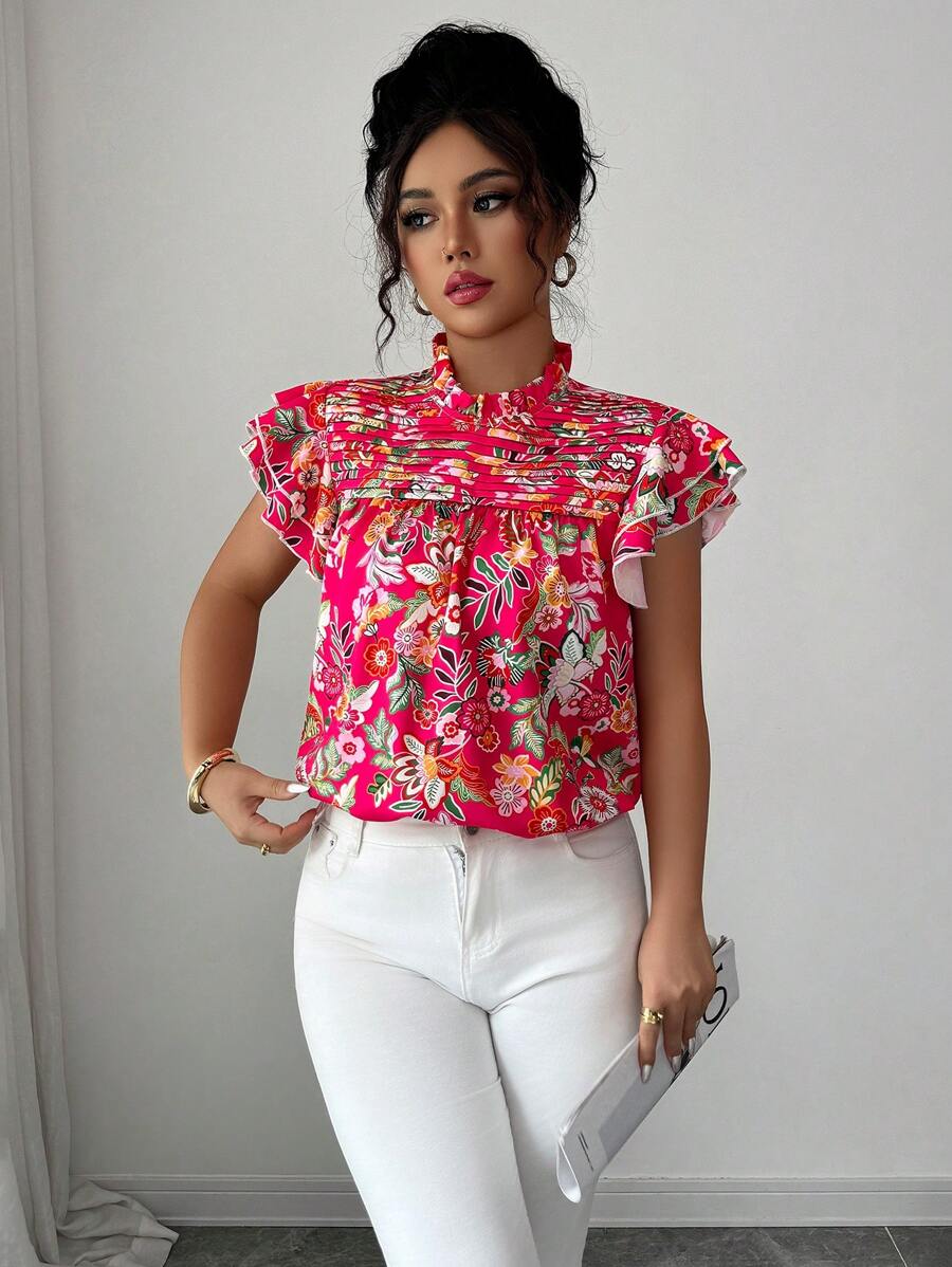 Elenzga Women's New Vibrant Floral Print Cap Sleeve Blouse Top (Floral Pattern Random Cut), Summer - Multicolor - View 1