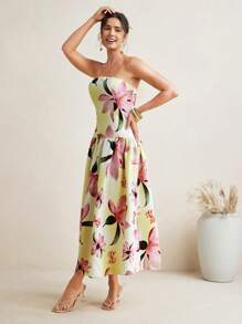 VIOLA AND VESPER Light Yellow Floral Printed Strapless Voluminous Woven Midi Dress Women Summer Elegant Butter Yellow Dress