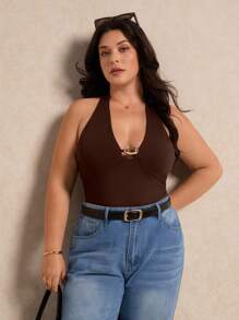 Elaquor Plus Size Solid Color Neck Tie Sleeveless Slim Fit Casual Summer Tank Top - Brown - View 1