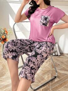 Floral Print Short Sleeve Top And 3/4 Pants Set With Contrast Pockets