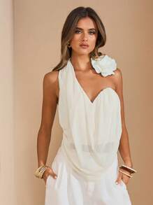 SHEIN BAE 女士优雅杏色针织单肩不对称领口上衣，饰有花卉图案，情人节 - 杏色 - 查看 1