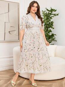 Modelyn Plus Size Short Sleeve Floral Print Lace Trim A-Line Dress - Multicolor - View 3