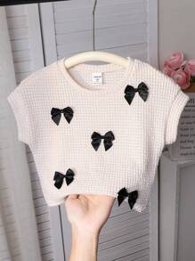 SHEIN Young Girl Solid Color Crew Neck Bow Decor Casual T-Shirt - White - View 1