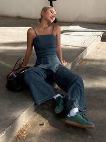 DAZY 女士 2 件套休闲背心和直筒牛仔裤，夏季牛仔装 - 中等水洗藍 - 查看 4