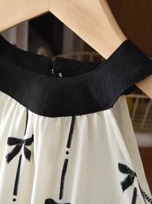 2pcs Set Young Girl Woven Striped Bow Decor Round Neck Tank Top & Loose Casual Wide Leg Pants - Black and White - View 3
