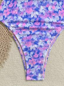 Soleia 女士度假甜美花卉印花露肩镂空露背系带沙滩连体泳衣 - 紫色 - 查看 5