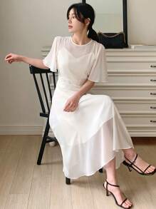 DAZY Vestido largo de mujer de cuello redondo de malla de unicolor y fluido - Beis - Ver 2