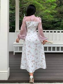 Feyla Women's Floral Print Square Neck Mesh Insert Elegant Long Sleeve Midi Dress