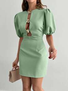EURMUSE Women's Solid Gold Accessory Detailed Short Dress - Mint Green - View 5