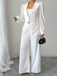 Modelyn Women's Lace Trim Short Lightweight Blazer, Fashion Spring/Summer - White - View 4