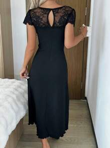 SHEIN Váy ngủ dài dệt kim đan lưới chắp vá ren cho nữ - màu đen - Xem 2