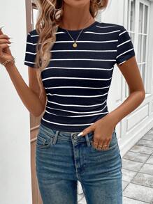 SHEIN LUNE 女式运动休闲褶皱腰黑白条纹圆领运动T恤