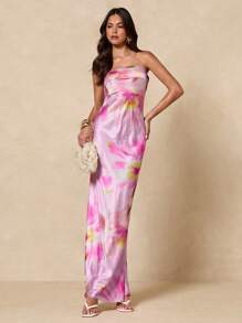 SHEIN BAE Summer Women Floral Print Strapless Backless Elegant Dress, Suitable For Party, Holiday, Wedding, Evening Occasion, Romantic Date - Pink - View 3