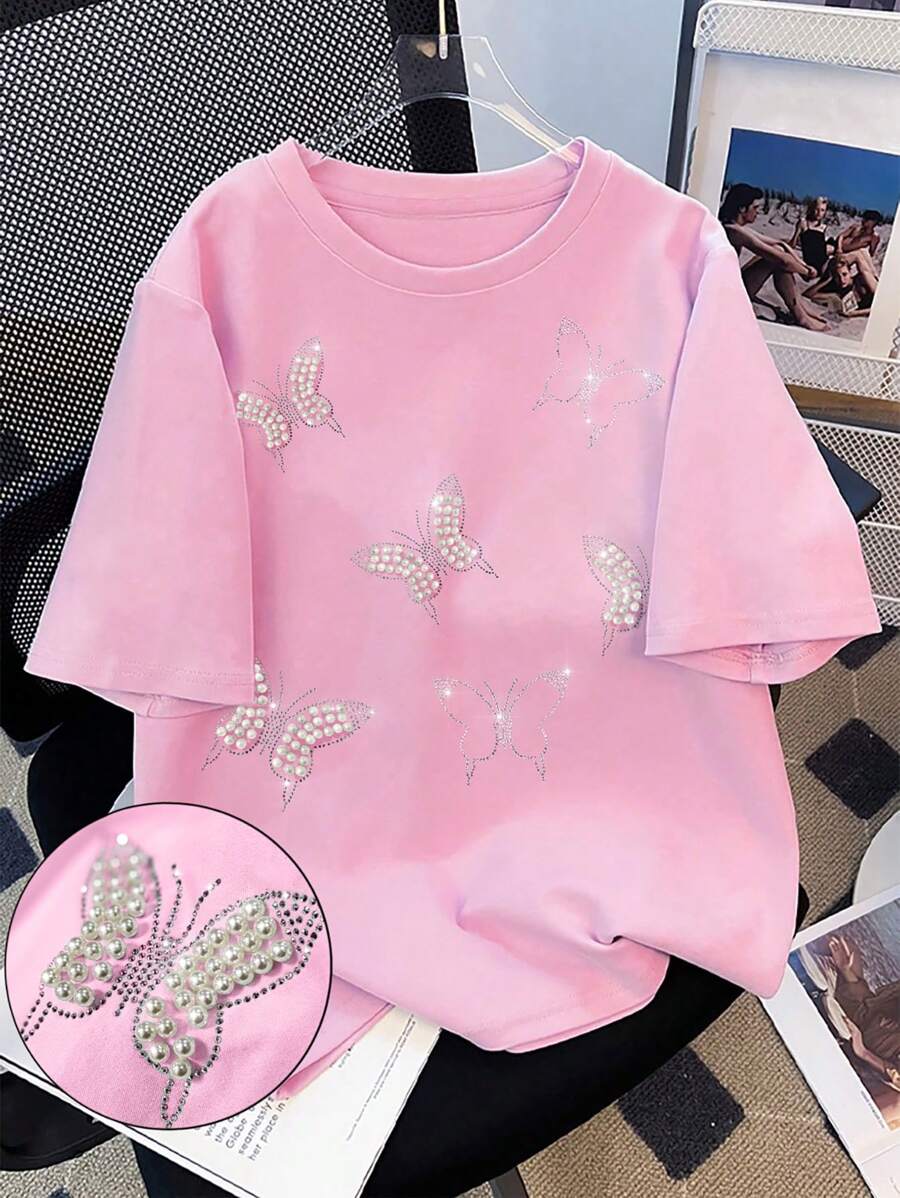 SHEIN Rhinestone & Studded Butterfly Decor Relaxed Fit Round Neck T-Shirt For Women - Pink - View 1