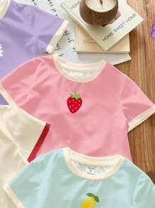 SHEIN 4pcs Baby Girl Cute Dopamine Colorful Fruit Cherry, Strawberry, Lemon, Flower Graphic Casual Round Neck Short Sleeve T-Shirts, Suitable For Spring/Summer