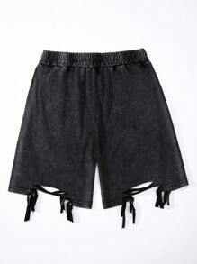 Manfinity EMRG Men's Distressed Casual Summer Drawstring Waist Streetwear Shorts, Emo, 2000s Style - Black - View 3