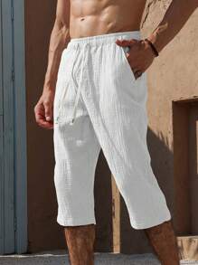 Manfinity RSRT 男式纯色松紧腰抽绳口袋纹理面料休闲棉质七分裤 - 白色 - 查看 3