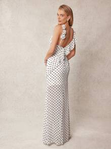 L'Amorae Women's Elegant White With Black Polka Dots Chiffon Maxi Dress,Summer Asymmetric Ruffle Strap 3D Flower Applique Wedding Guest Tea Party Dress - Black and White - View 5