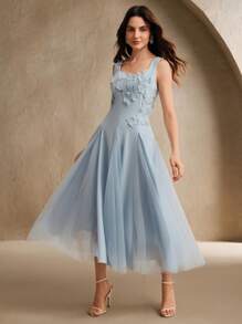 Anewsta 优雅的白色连衣裙，胸前有花卉印花装饰，适合春季、夏季、约会、节日、派对 - 淺藍色 - 查看 4