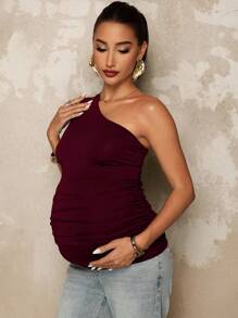 MaterniChic Maternity Solid Color Pleated Asymmetrical Shoulder Cami - Red Violet - View 7