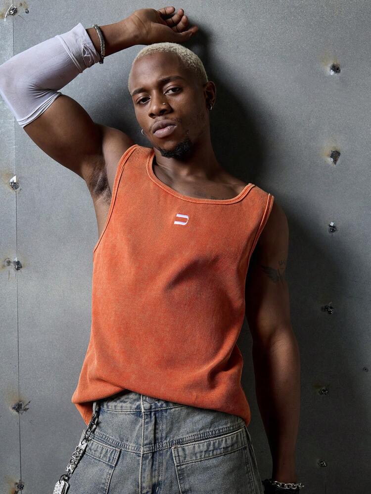 Men's Street Fashion Sleeveless Round Neck Embroidered Knit Tank Top, Suitable For Summer, Streetwear Casual