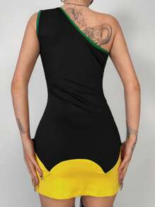 EgrlEra Damen sexy figurbetontes asymmetrisches Schulter-Mini-Kleid mit Zahlenprint in Schwarz, stilvoll für den Sommer - Schwarz - Übersicht 2