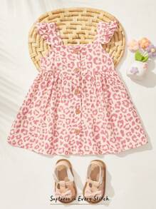 Cozy Pixies Vestido sin mangas con cuello en V con volantes y cintura ceñida de estampado de leopardo para bebé niña