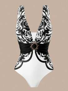 Swim Oasis Set de 3 piezas 2025 Nuevo diseño de traje de baño de una sola pieza con estampado de posicionamiento, falda y pantalones largos de malla para mujer, conjunto informal de playa de verano - Blanco y Negro - Ver 3