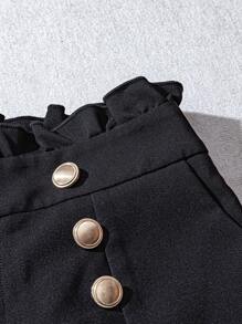 EMERY ROSE 高端黑色荷叶边下摆短裤，2025夏季A字高腰女士西装短裤