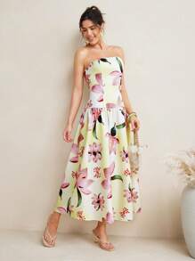 VIOLA AND VESPER Light Yellow Floral Printed Strapless Voluminous Woven Midi Dress Women Summer Elegant Butter Yellow Dress