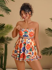 Travachic Plus Size Women Tropical Floral Print Spaghetti Strap Bikini Set, Convertible Swimsuit, Casual Beach Wear