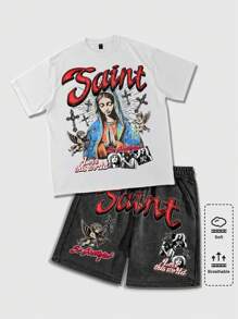 ROMWE MEN Street Life 2025 New Summer Men Goth Cross 2pcs Outfit, Casual Crew Neck Short Sleeve T-Shirt And Shorts Set - White - View 1