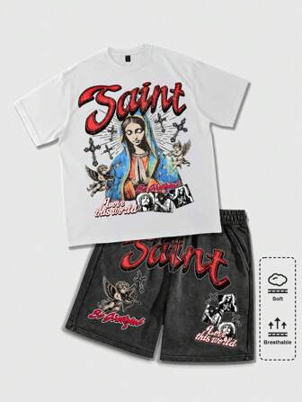 Street Life 2025 New Summer Men Goth Cross 2pcs Outfit, Casual Crew Neck Short Sleeve T-Shirt And Shorts Set