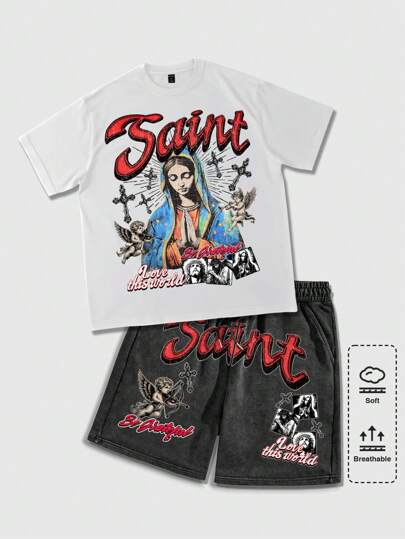 Street Life 2025 New Summer Men Goth Cross 2pcs Outfit, Casual Crew Neck Short Sleeve T-Shirt And Shorts Set