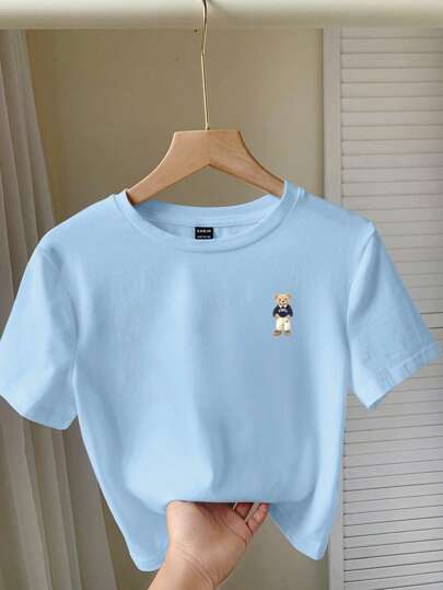 SHEIN EZwear 休闲简约浅蓝色熊图案圆领短袖短款上衣，适合夏季