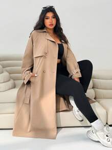 SHEIN EZwear 大码女式休闲长款风衣 - 卡其色 - 查看 2