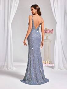 Allurite 开叉大腿亮片吊带连衣裙，适合节日派对服装，长款女士服装