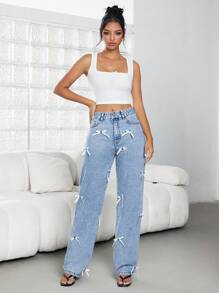 SHEIN ICON 女士休闲直筒牛仔裤 - 藍色 - 查看 5