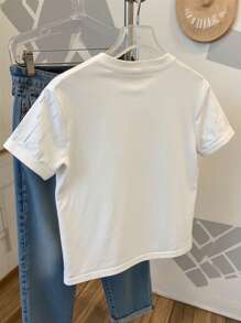 Resyla Áo thun cổ tròn tay ngắn thông thường dành cho nữ đính hạt lấp lánh và đá giả - trắng - Xem 2