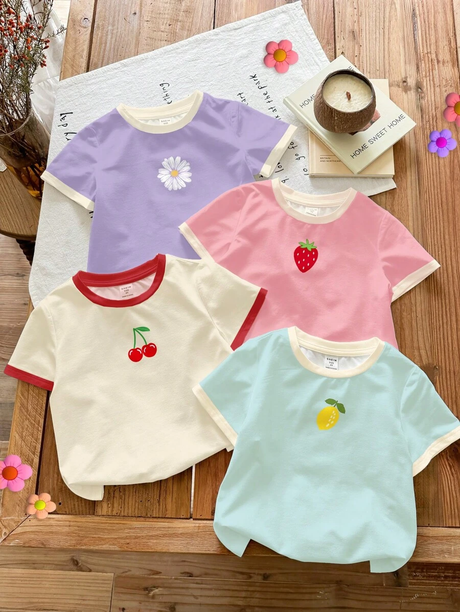 SHEIN 4pcs Baby Girl Cute Dopamine Colorful Fruit Cherry, Strawberry, Lemon, Flower Graphic Casual Round Neck Short Sleeve T-Shirts, Suitable For Spring/Summer