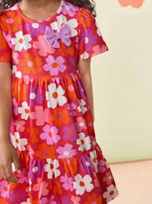 Young Girl Ditsy Floral Fitted Round Neck Casual Knit Dress - Multicolor - View 2